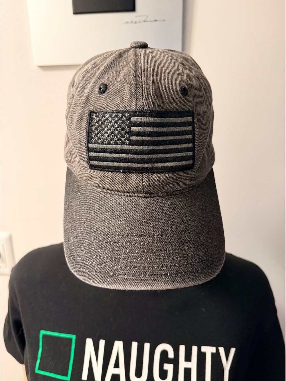 Gray Baseball Cap with Black and Gray American Flag Patch